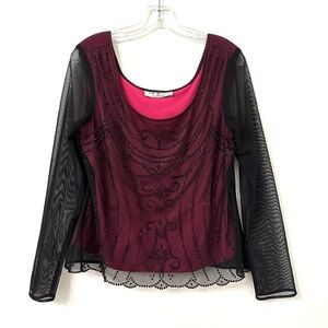 Vintage Beaded Top Sheer Overlay Black + Pink Long Sleeve J.R. Nites by Caliendo